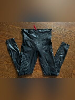 SPANX Black Faux Leather-Look Leggings with Red Logo Tab